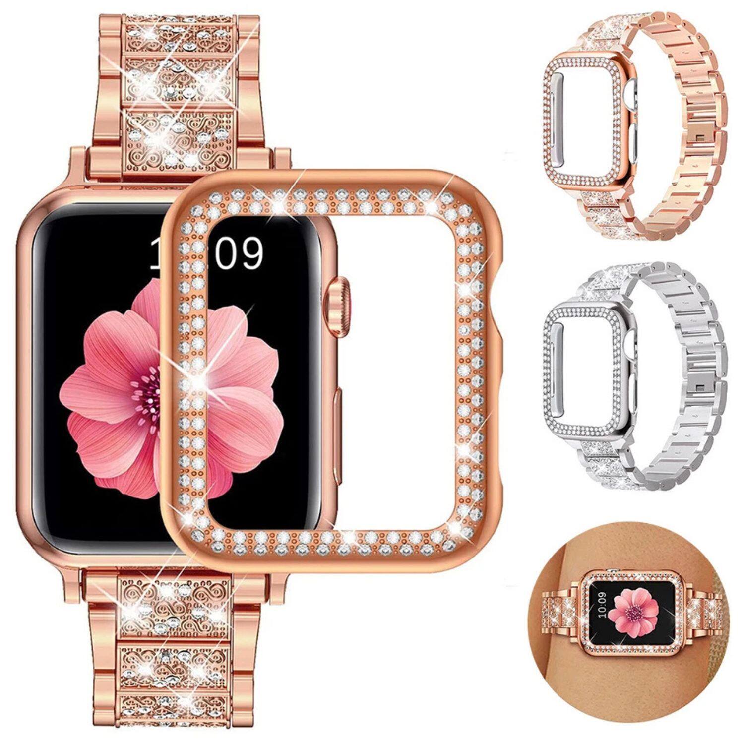Angle. Stock Preferred - 42mm Diamond Glitter iWatch Band with Rhinestone Case Luxury Stainless Steel Bracelet for Apple Watch Series SE 6 5 4 3 - Rose Gold.
