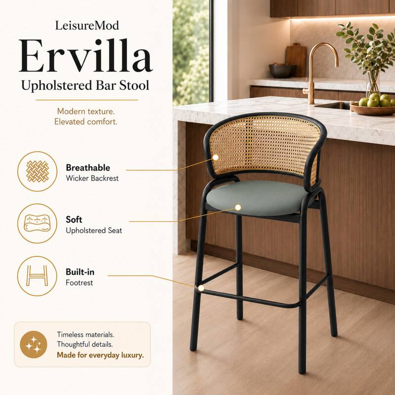 LeisureMod Ervilla Wicker Bar Stool with Fabric Seat, Mid Century ...