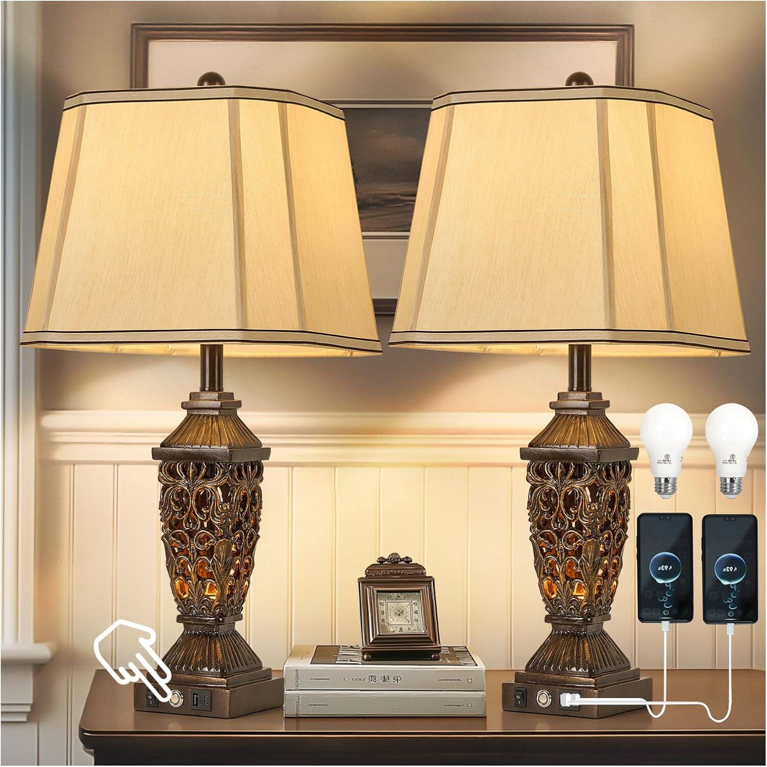 Cozy Serene - White Table Lamp Lamp Touch Vintage USB FABRIC Control Traditional Bedside Nightstand Lamps with Dual - Brown-5