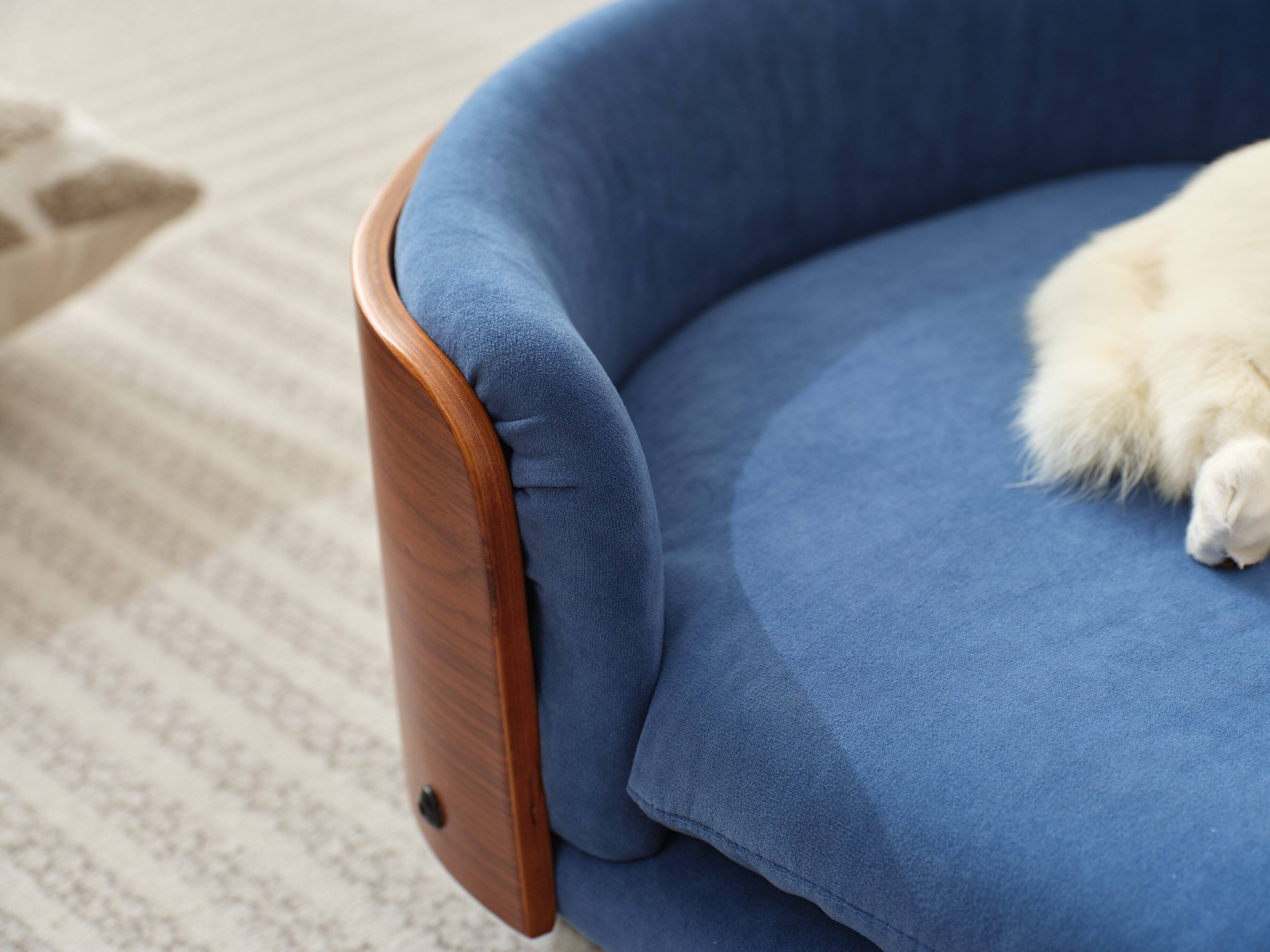 Alt View 5. Siljoy - Mid‑Size Scandinavian Pet Sofa, Walnut & Dark Blue Velvet, Elevated Orthopedic Dog Bed - Dark Blue.