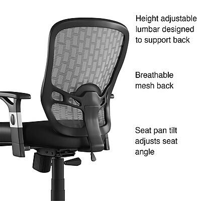 Height adjustable lumbar designed to support back  
Breathable mesh back  
Seat pan tilt adjusts seat angle