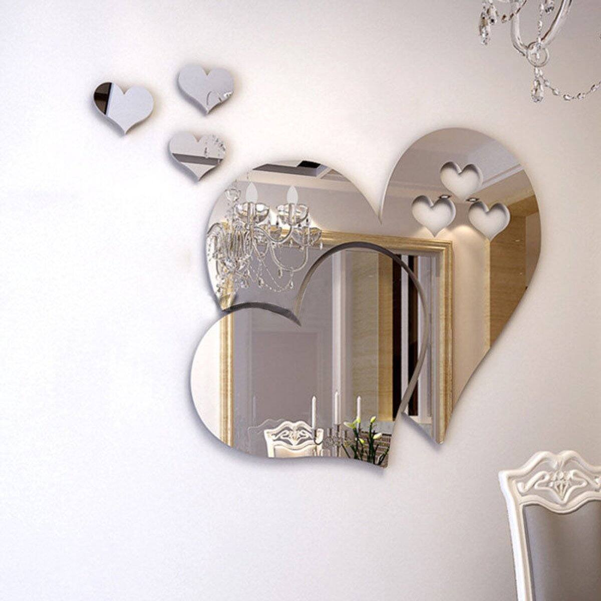 Front. Auledio - Heart-Shaped Mirror Wall Sticker, Removable Self-Adhesive Double Heart Wall Sticker Decoration (Silver) - silver.