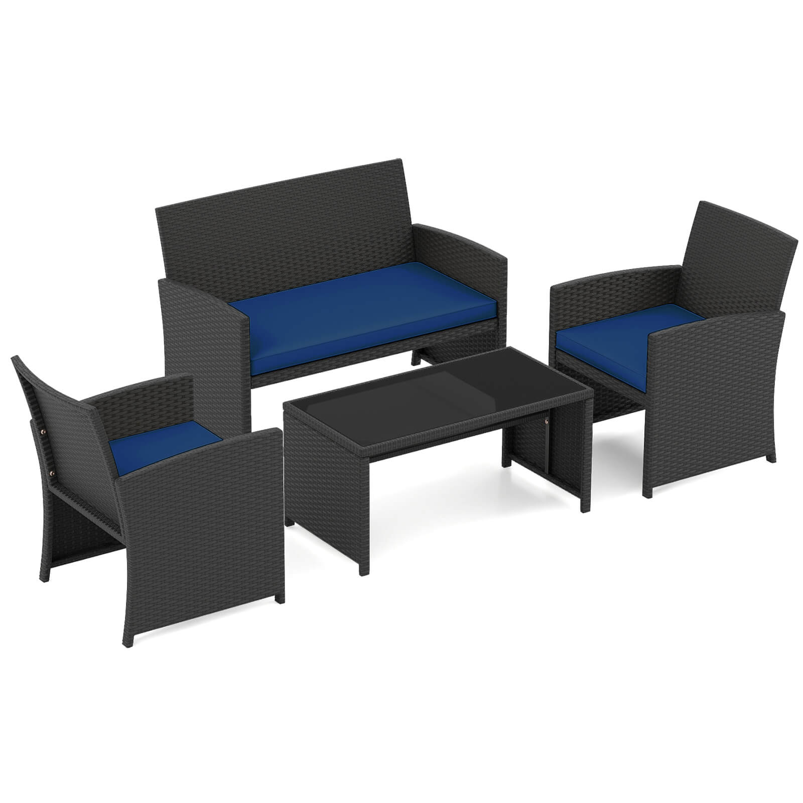 Costway - 4 PCS Patio Conversation Set with Seat Cushions & Tempered Glass Tabletop, Porch - Navy+Black price history on PriceWatchPro