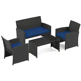 Costway - 4 PCS Patio Conversation Set with Seat Cushions & Tempered Glass Tabletop, Porch - Navy+Black