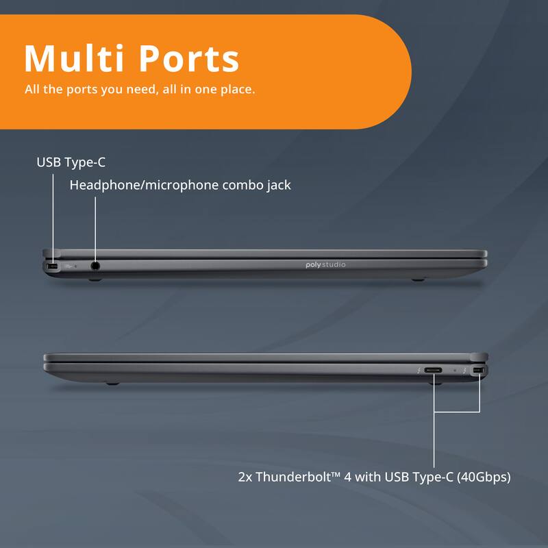 Multi Ports  
All the ports you need, all in one place.  

USB Type-C  
Headphone/microphone combo jack  

2x Thunderbolt™ 4 with USB Type-C (40Gbps)