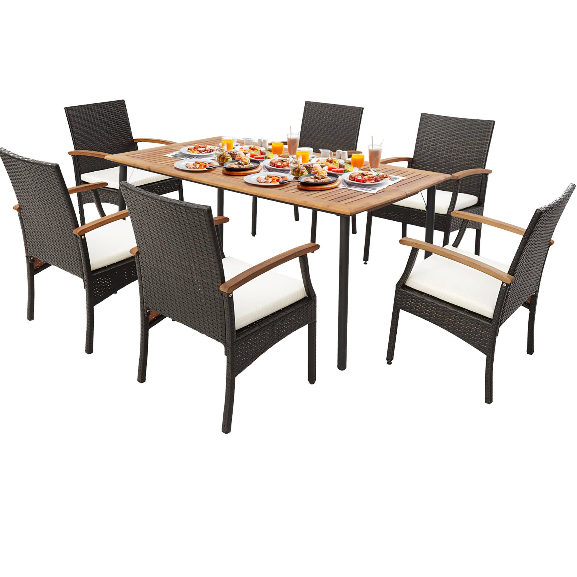 Gymax - 7PCS Wicker Dining Set Cushion Acacia Wood Armrests Table W/Umbrella Hole Patio - Black, Brown price history on PriceWatchPro