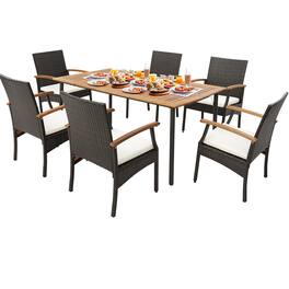 Gymax - 7PCS Wicker Dining Set Cushion Acacia Wood Armrests Table W/Umbrella Hole Patio - Black, Brown