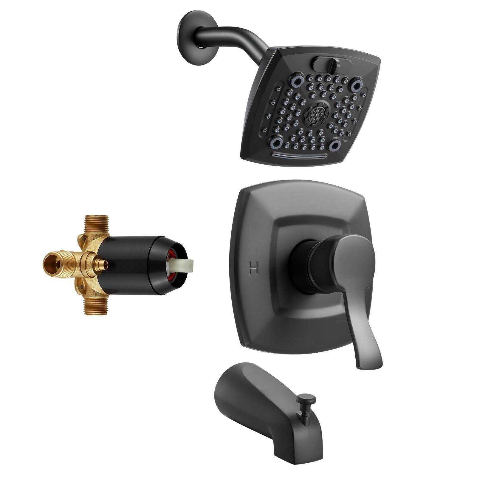 Front. Glintex - Tub and Shower Faucet Set, 5.1 in Rain Shower Head with Tub Spout, 5 Setting Spray, Single Handle with Brass Valve - Matte Black.