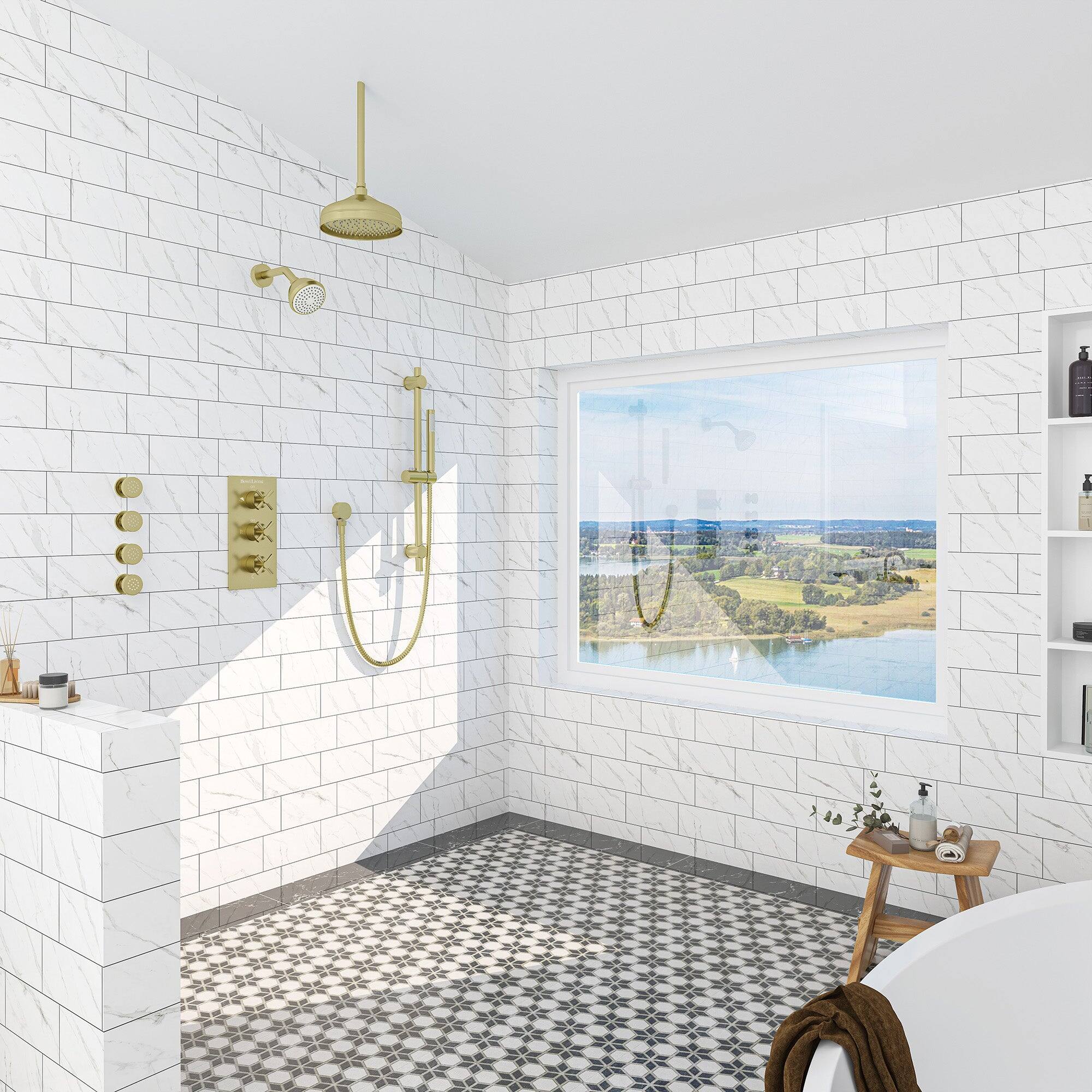 Alt View 3. Boyel Living - 1-Spray Patterns with 2.5 GPM 8 in. Wall Mount Dual Shower Heads Hand Shower and 4 Body Sprays in Brushed Gold - Brushed Gold.