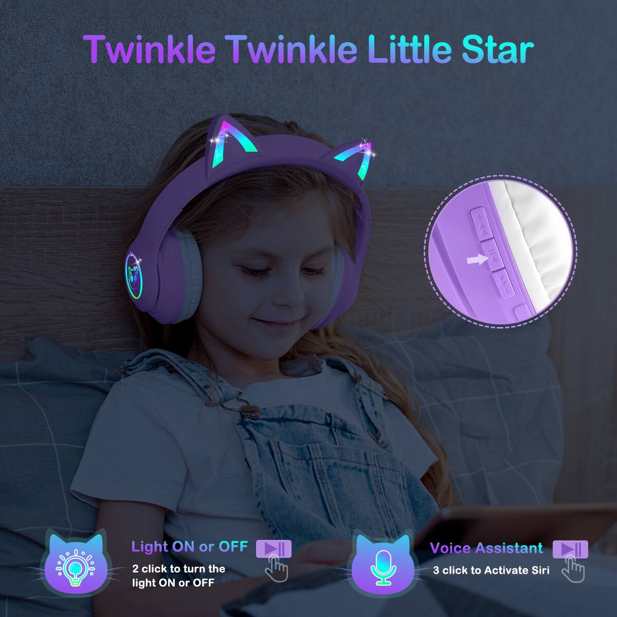 Twinkle Twinkle Little Star

Light ON or OFF
2 click to turn the light ON or OFF

Voice Assistant
3 click to Activate Siri