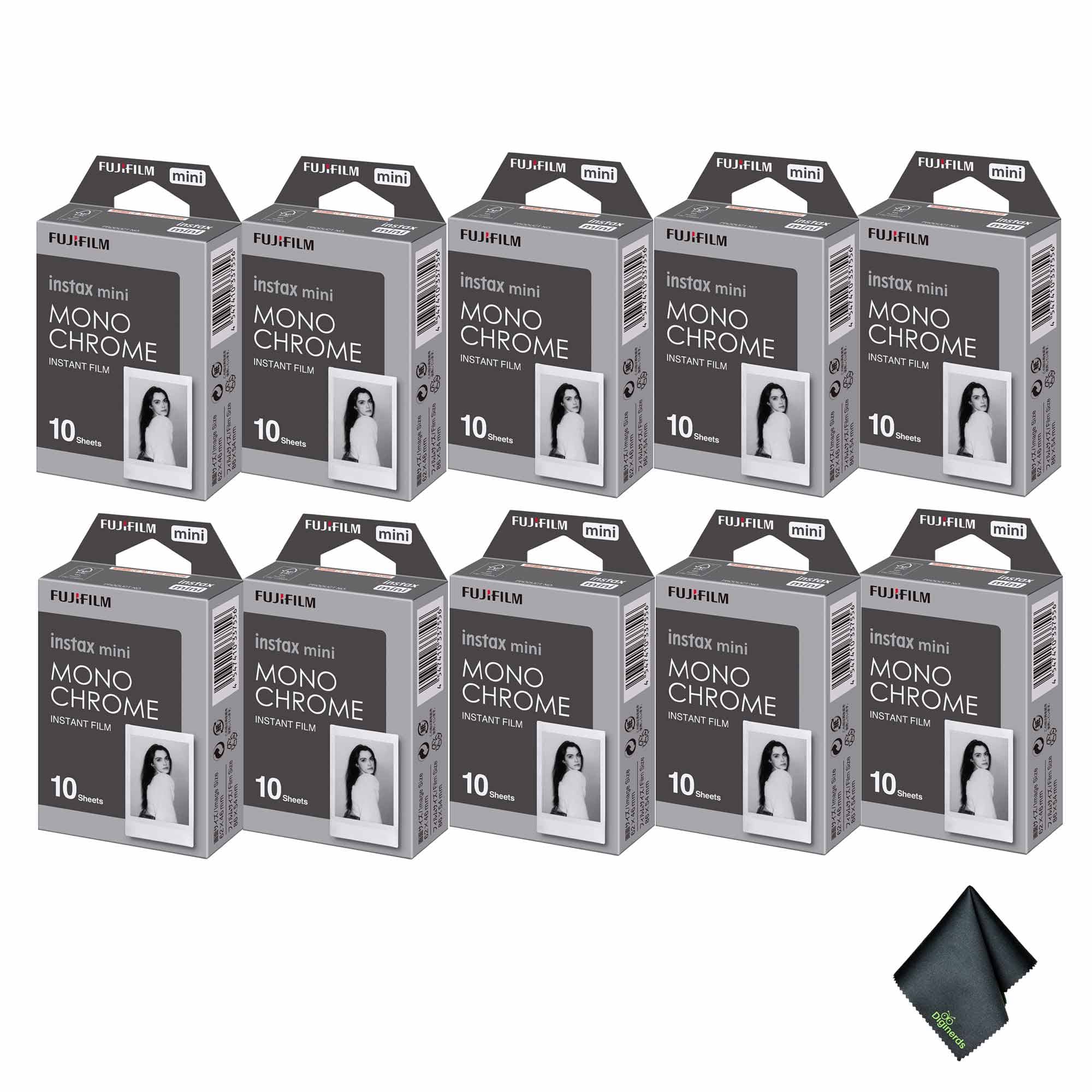 Fujifilm - 10xFUJIFILM INSTAX MINI Monochrome Instant Film (10 Exposures), Microfiber Cleaning Cloth, Bundle