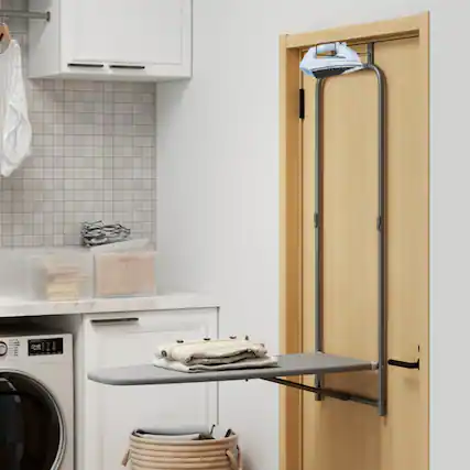 Front. LUCKY ONE - Over the Door Ironing Board with Iron Holder - Space Saving Hanging Design for 2" Door - Gray.