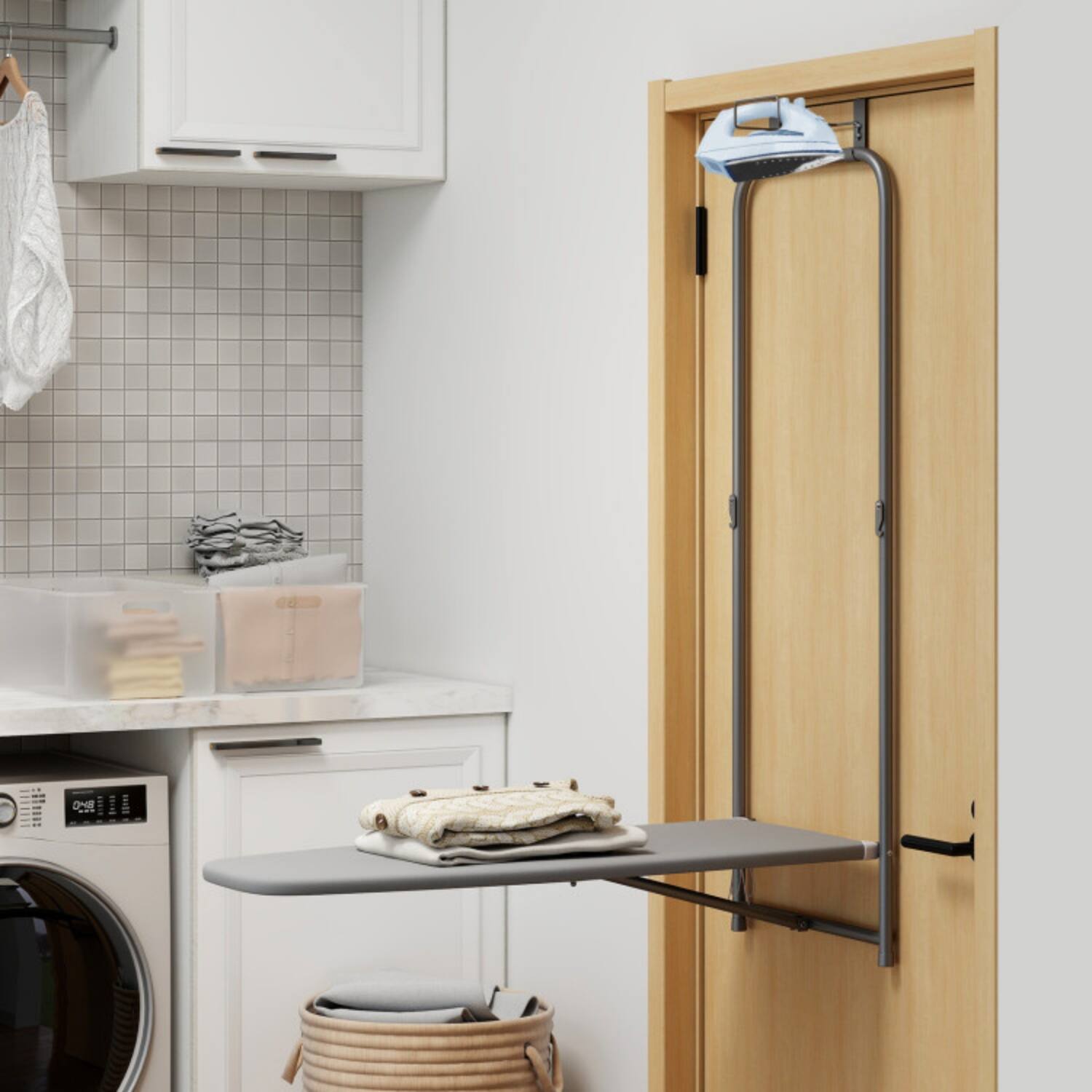 Front. LUCKY ONE - Over the Door Ironing Board with Iron Holder - Space Saving Hanging Design for 2" Door - Gray.