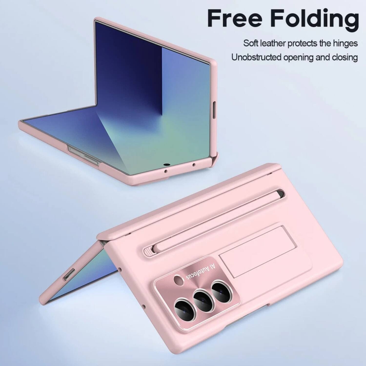 Free Folding  
Soft leather protects the hinges  
Unobstructed opening and closing