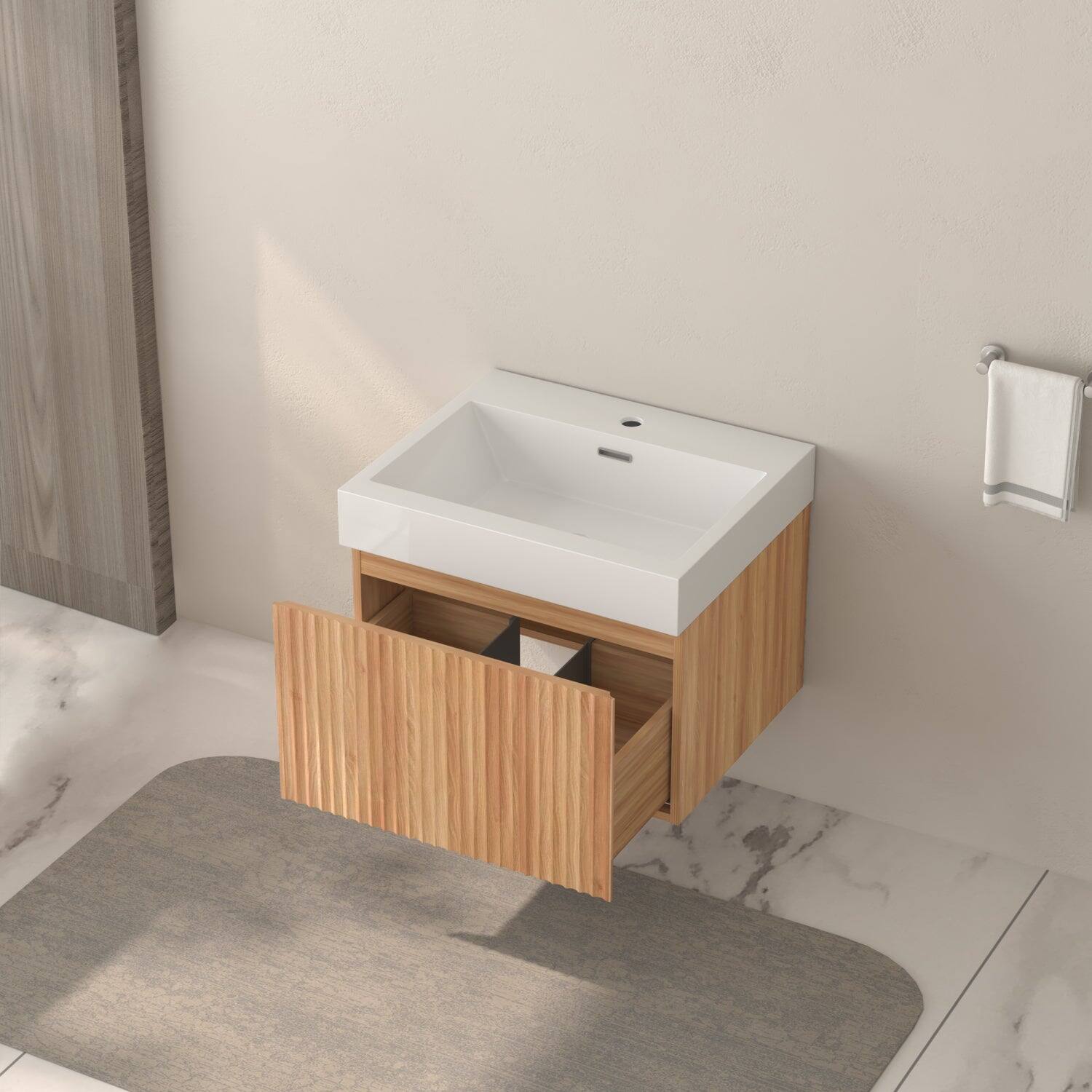 Alt View 10. Boyel Living - 24 in Wall-Mounted Bathroom Vanity with Integrated Basin Plywood Cabinet Minimalist Floating Acacia Finish - Acacia.