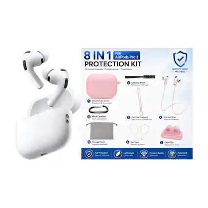 FOR 8 IN 1 AirPods Pro 3 PROTECTION KIT All-in-One Protection I Daily Essentials I Travel Ready PROTECT WHAT MATTERS
1. Silicone Case Cover
- Shockproof & Anti-scratch
2. Cleaning Brush
- Remove dust & dirt easily
3. Anti-lost Lanyard
- Easy to carry & prevent loss
4. Anti-lost Strap
- Secure & convenient
5. Storage Pouch
- Dustproof & portable
6. Ear Hooks
- Secure & comfortable
7. Cable Clip
- Organize your cables
8. Metal Carabiner
- Clip & go anywhere
- Lightweight
- Premium Quality
- Perfect Gift