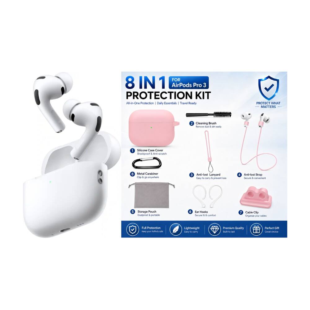 Apple - AirPods Pro 3 Active Noise Cancellation with 8 IN 1 Pink Bundle Accessories