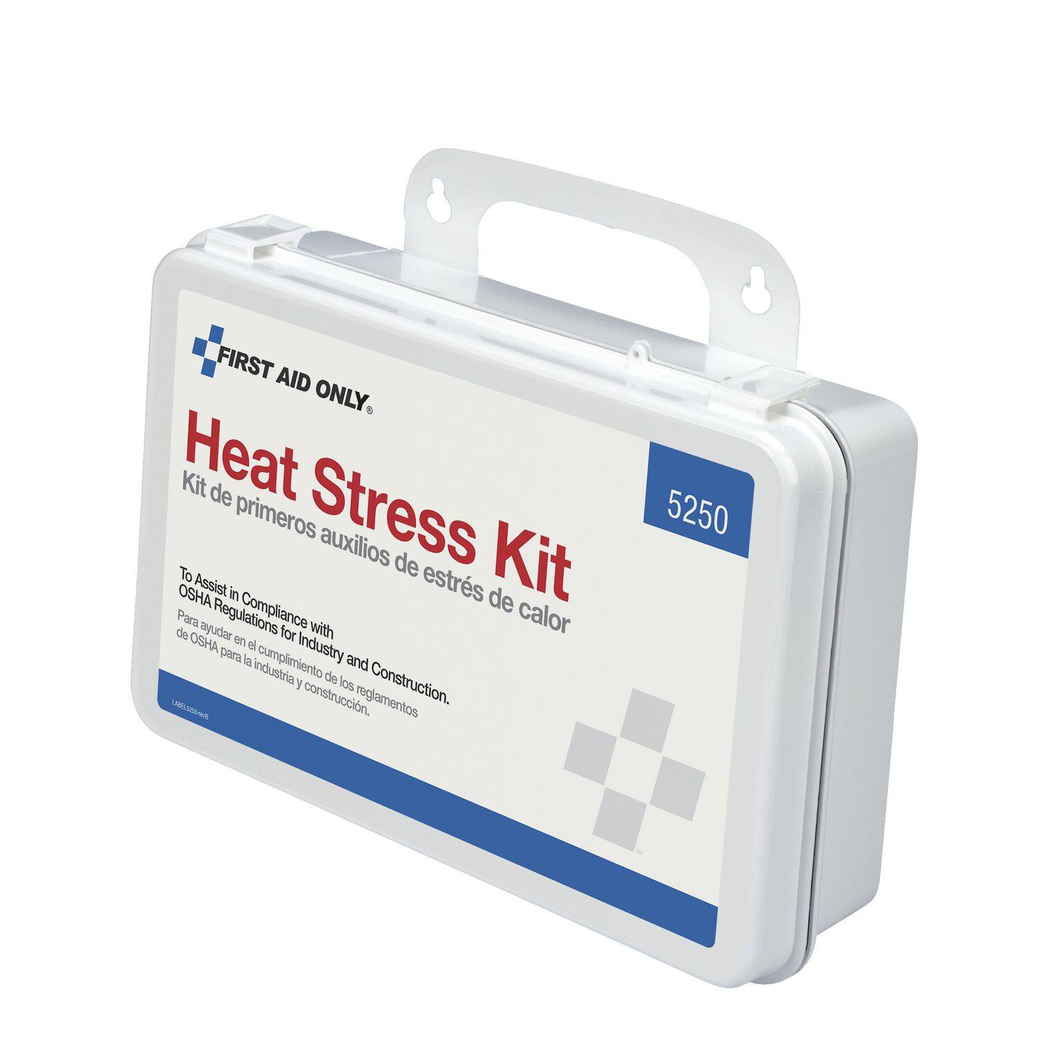 FIRST AID ONLY  
Heat Stress Kit  
Kit de primeros auxilios de estrés de calor  
To Assist in Compliance with OSHA Regulations for Industry and Construction.  
Para ayudar en el cumplimiento de los reglamentos de OSHA para la industria y construcción.  
5250
