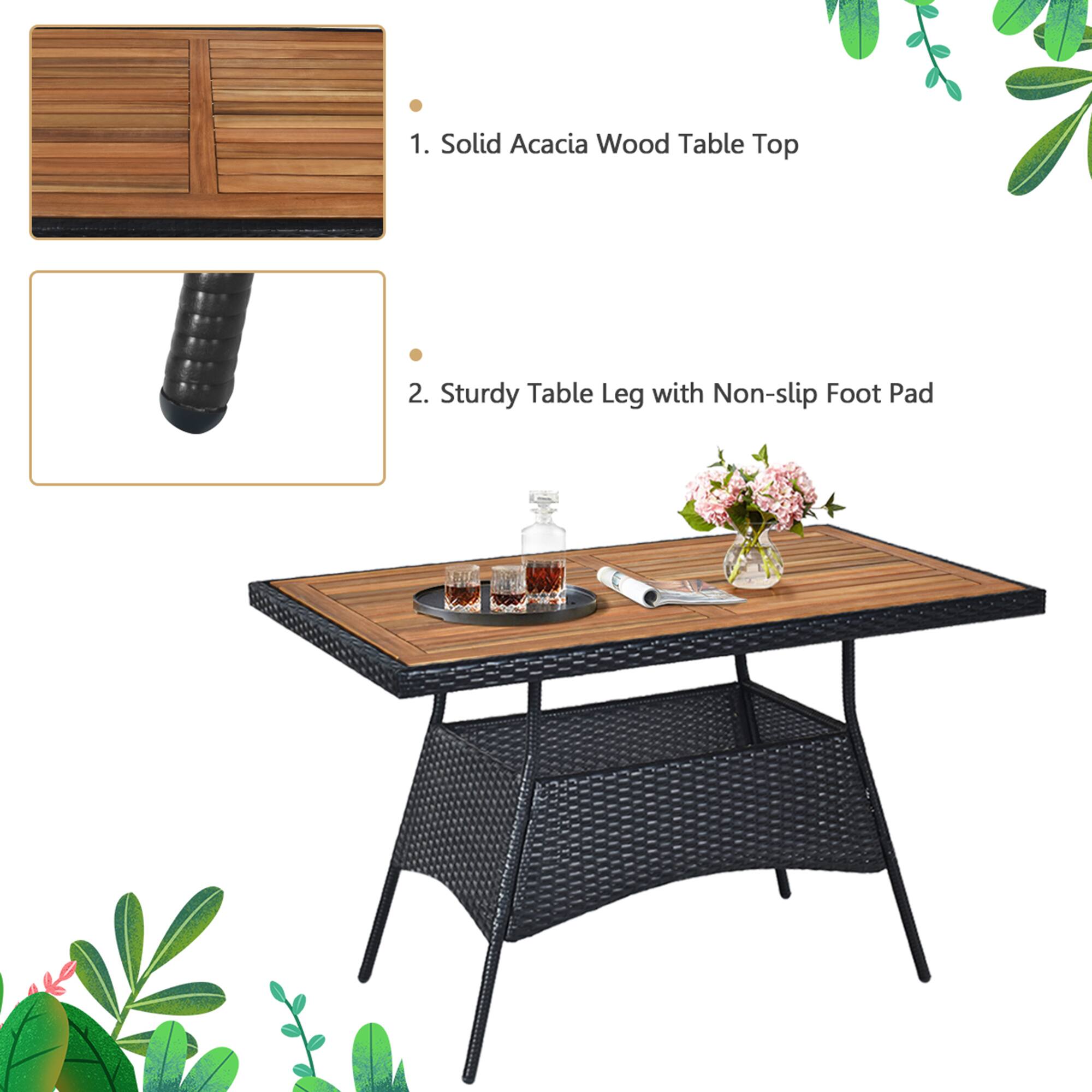 1. Solid Acacia Wood Table Top  
2. Sturdy Table Leg with Non-slip Foot Pad