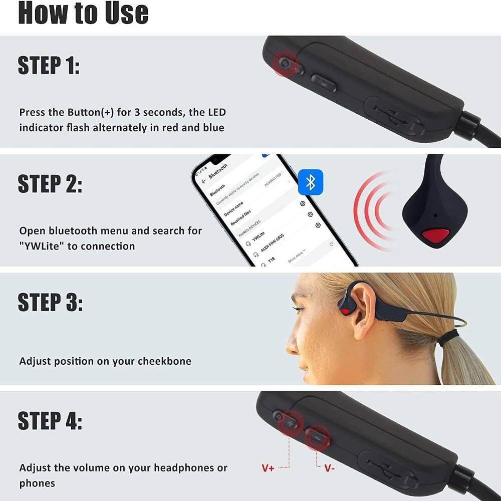 How to Use

STEP 1:
Press the Button(+) for 3 seconds, the LED indicator flash alternately in red and blue

STEP 2:
Open bluetooth menu and search for "YWLite" to connection

STEP 3:
Adjust position on your cheekbone

STEP 4:
Adjust the volume on your headphones or phones