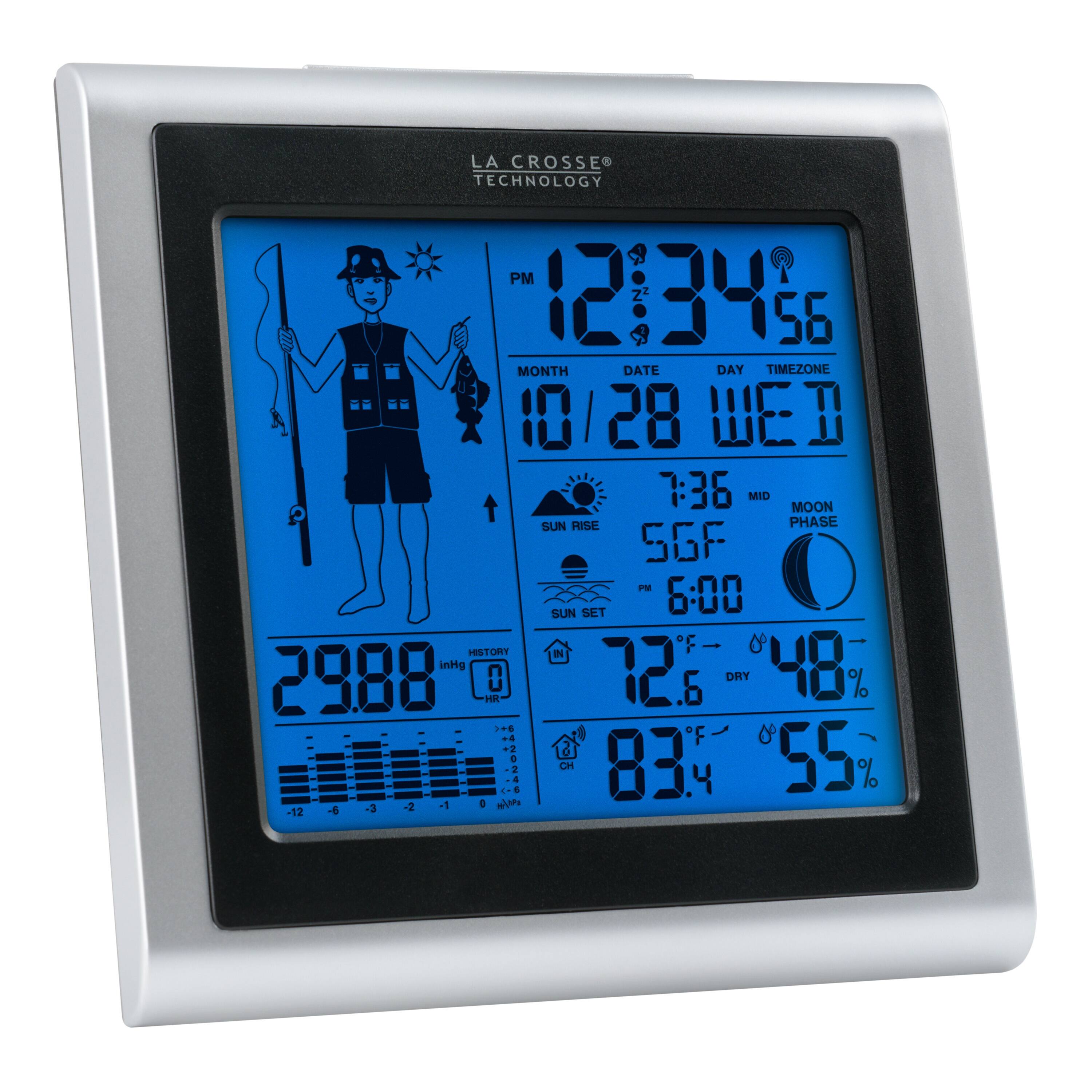 LA CROSSE TECHNOLOGY PM 12134  
56 MONTH DATE DAY TIMEZONE  
10 28 WED  
7:36 MID  
MOON PHASE  
SUN RISE 5:56  
SUN SET 6:00  
HISTORY 29.88 inHg  
HR 0  
72.6°F DRY 48%  
83.4°F 55%  
CH 83  
-6 -3 -2 -12