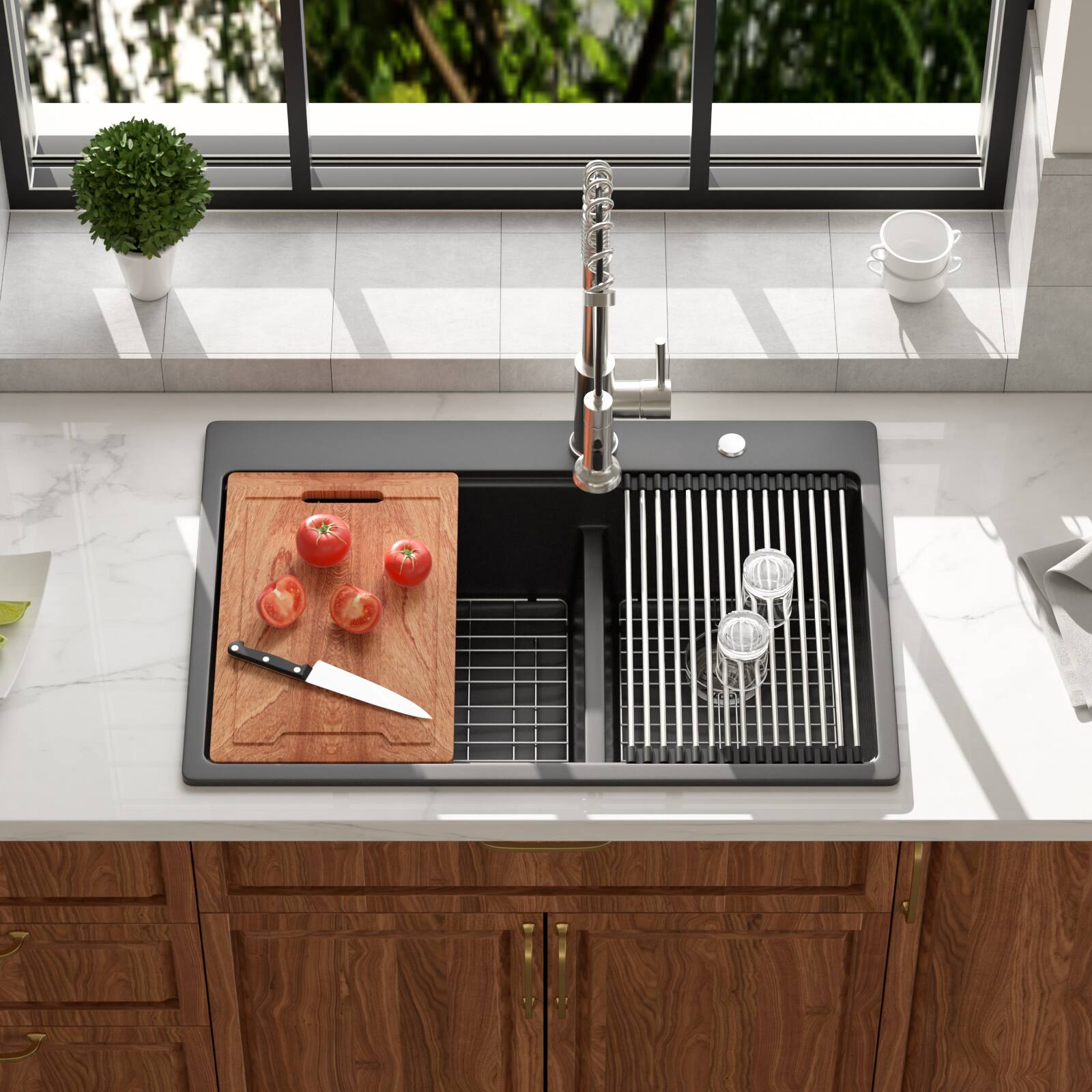 Angle. Lordear - 33x22x10 Inch Black Granite Composite Workstation kitchen Sink Low Divide 60/40 Double Bowl Quartz Drop In Kitchen Sink - Black.