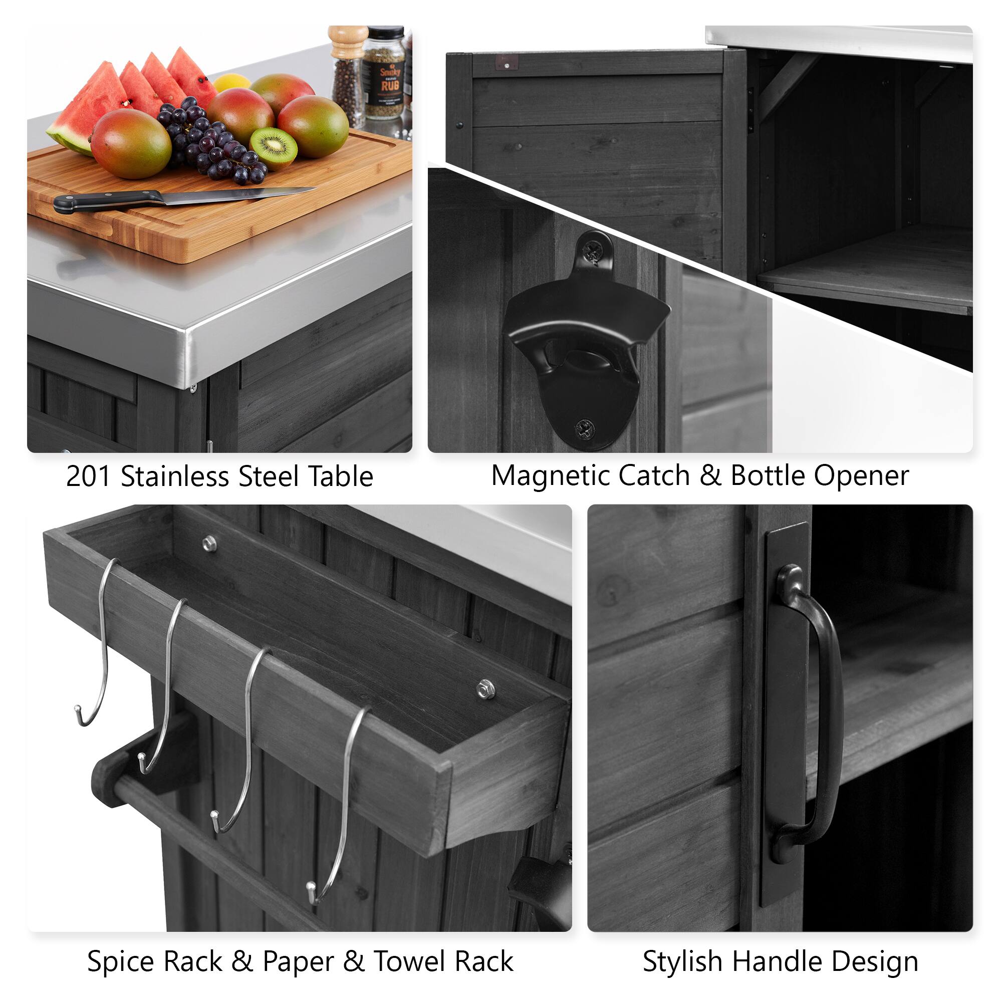 Seiny Rub 201 Stainless Steel Table Magnetic Catch & Bottle Opener Spice Rack & Paper & Towel Rack Stylish Handle Design

- 201 Stainless Steel Table
- Magnetic Catch & Bottle Opener
- Spice Rack & Paper & Towel Rack
- Stylish Handle Design