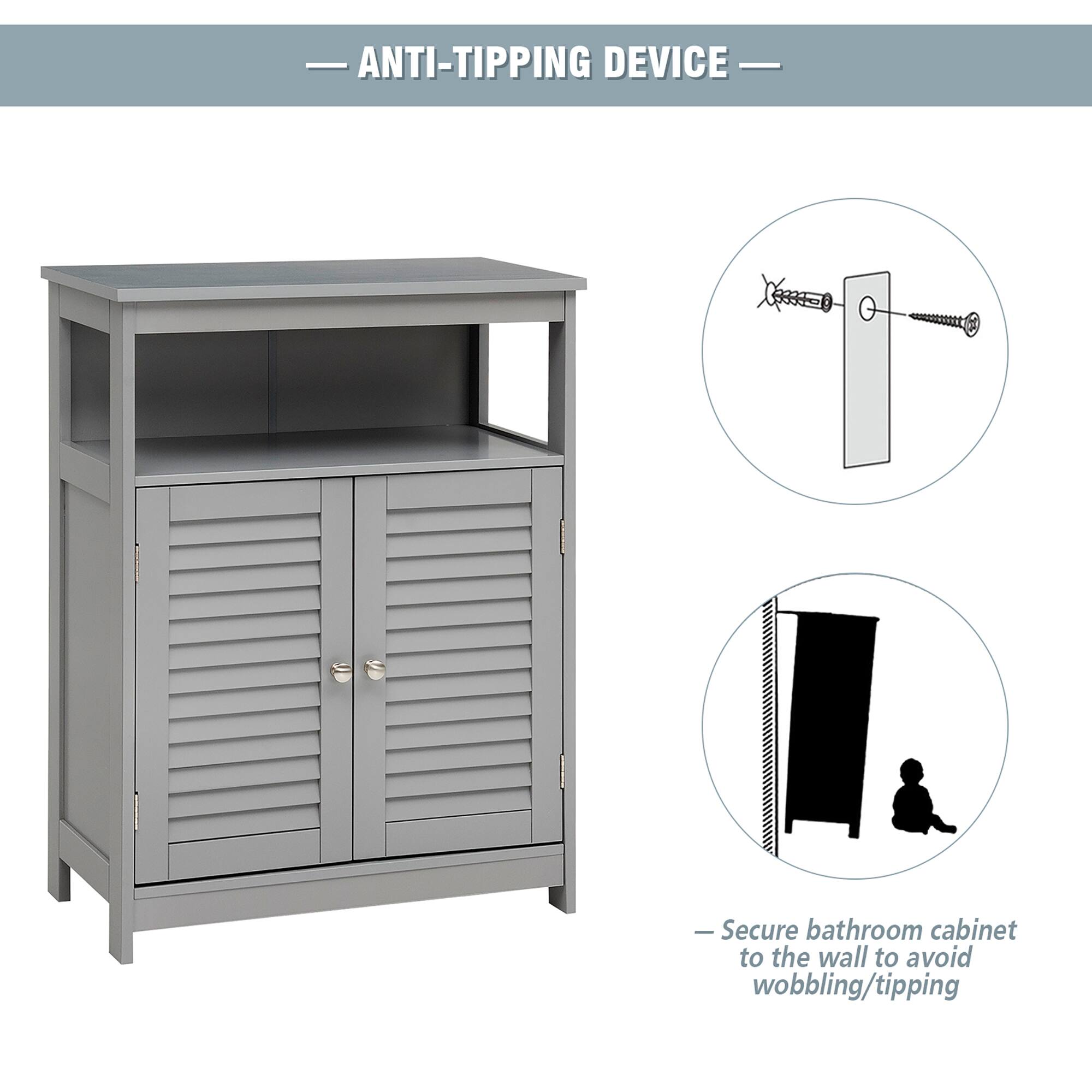 ANTI-TIPPING DEVICE

Secure bathroom cabinet to the wall to avoid wobbling/tipping