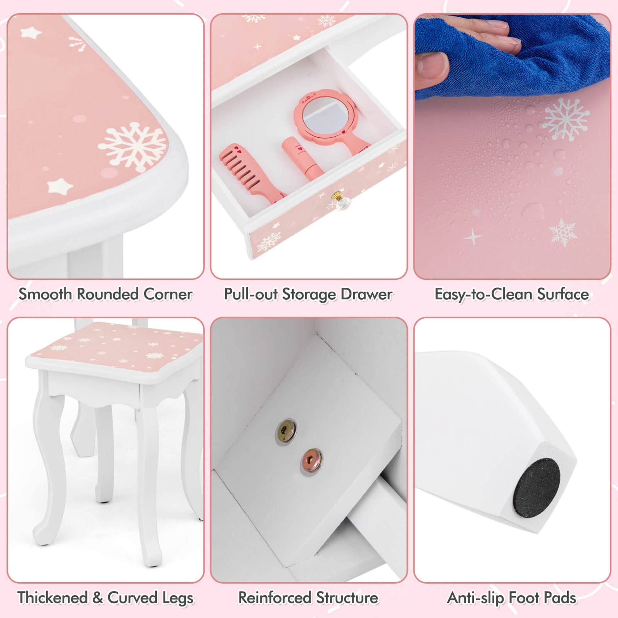 - Smooth Rounded Corner
- Pull-out Storage Drawer
- Easy-to-Clean Surface
- Thickened & Curved Legs
- Reinforced Structure
- Anti-slip Foot Pads