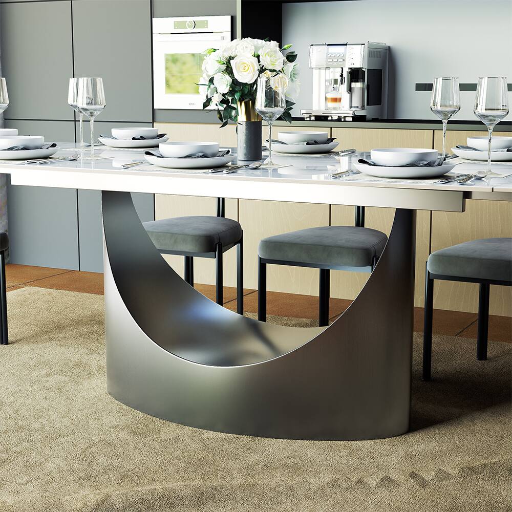 Alt View 5. POVISON - 71"-95"Extendable Modern White Dining Table for 6-10, Rectangular Glossy Sintered Stone Tabletop, Gray Carbon Steel Leg - Glossy White Sintered Stone with Gray.