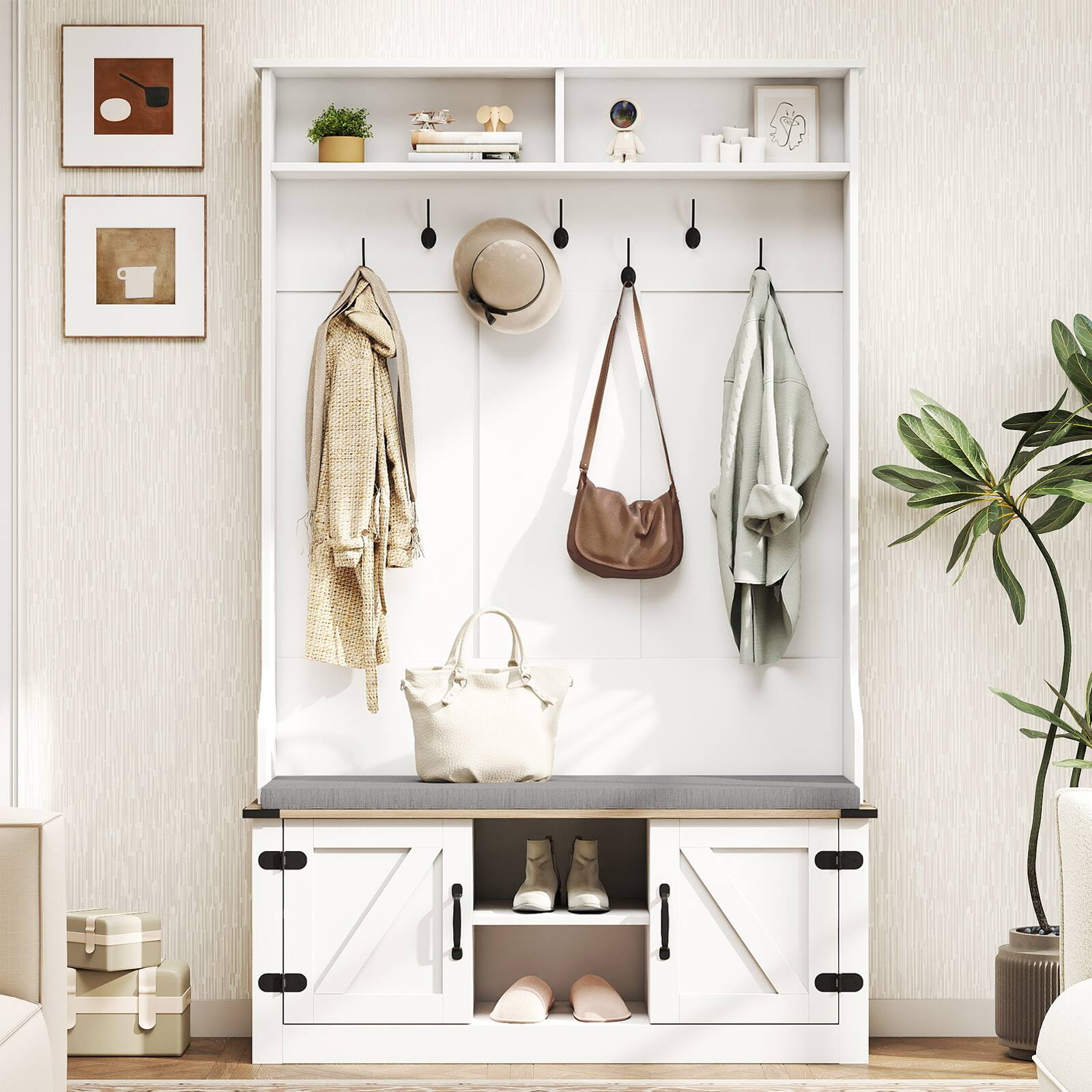 Alt View 5. Gymax - Gymax 68.5'' 4-in-1 Hall Tree w/Cushioned Bench Shoe Storage 7 Hooks 2 Cabinets White - White.