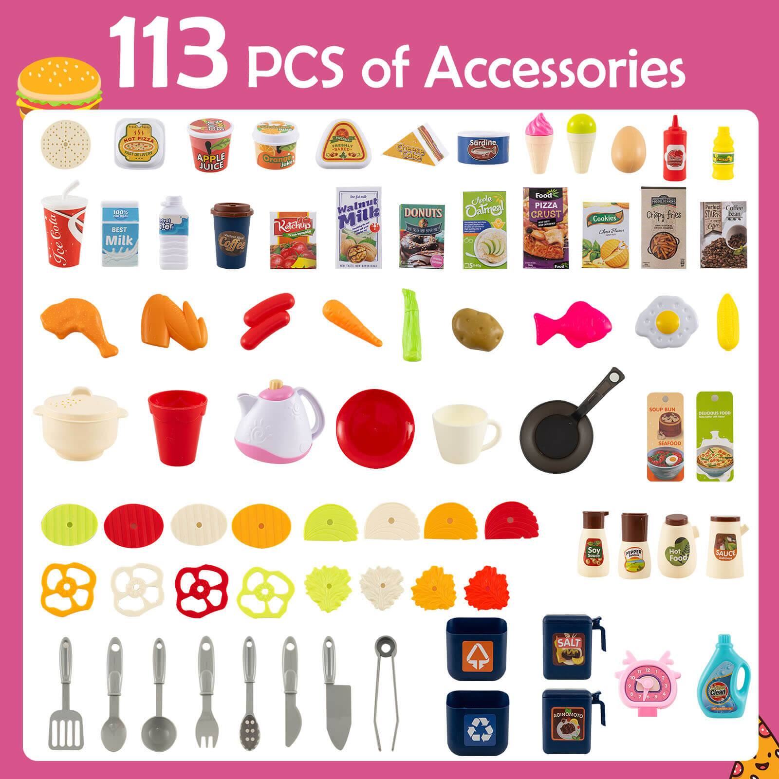 113 PCS of Accessories

- Burger
- Donuts
- Apple Juice
- Orange Juice
- Cola
- Ice Cream
- Coffee
- Walnut Milk
- Raisin
- Cookies
- Pizza Crust
- Crispy Fries
- Coffee Beans
- Sardine
- Ice Cream Cone
- Egg
- Soy Sauce
- Hot Pepper
- Sauce
- Salt
- Pepper
- Sugar
- Tea Pot
- Pot
- Mug
- Pan
- Cutting Board
- Utensils (fork, knife, spoon, spatula, etc.)
- Food Items (carrot, tomato, fish, etc.)
- Containers (milk, juice, etc.)
- Decorative Items (flower-shaped cutters, etc.)
- Cleaning Supplies (dish soap, etc.)
