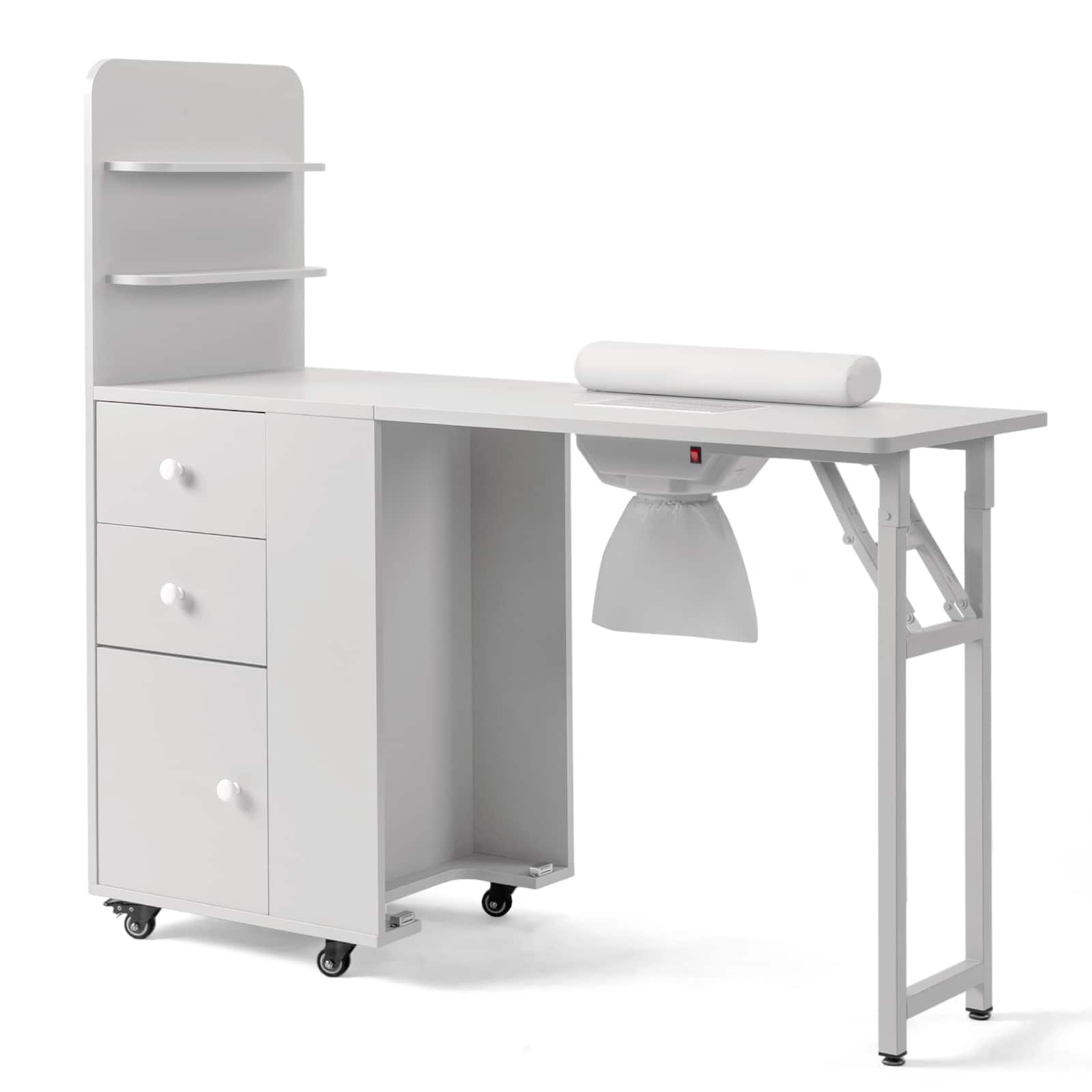 Winado - Foldable Manicure Table for Nail Tech, Nail Desk Station Makeup Storage Table with Dust Collector & Drawers & Cabinet - White