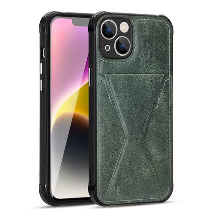 Front. Reiko - Tpu Leather Phone Case For Apple Iphone 14 With Card Holder Strap In Green - Green.