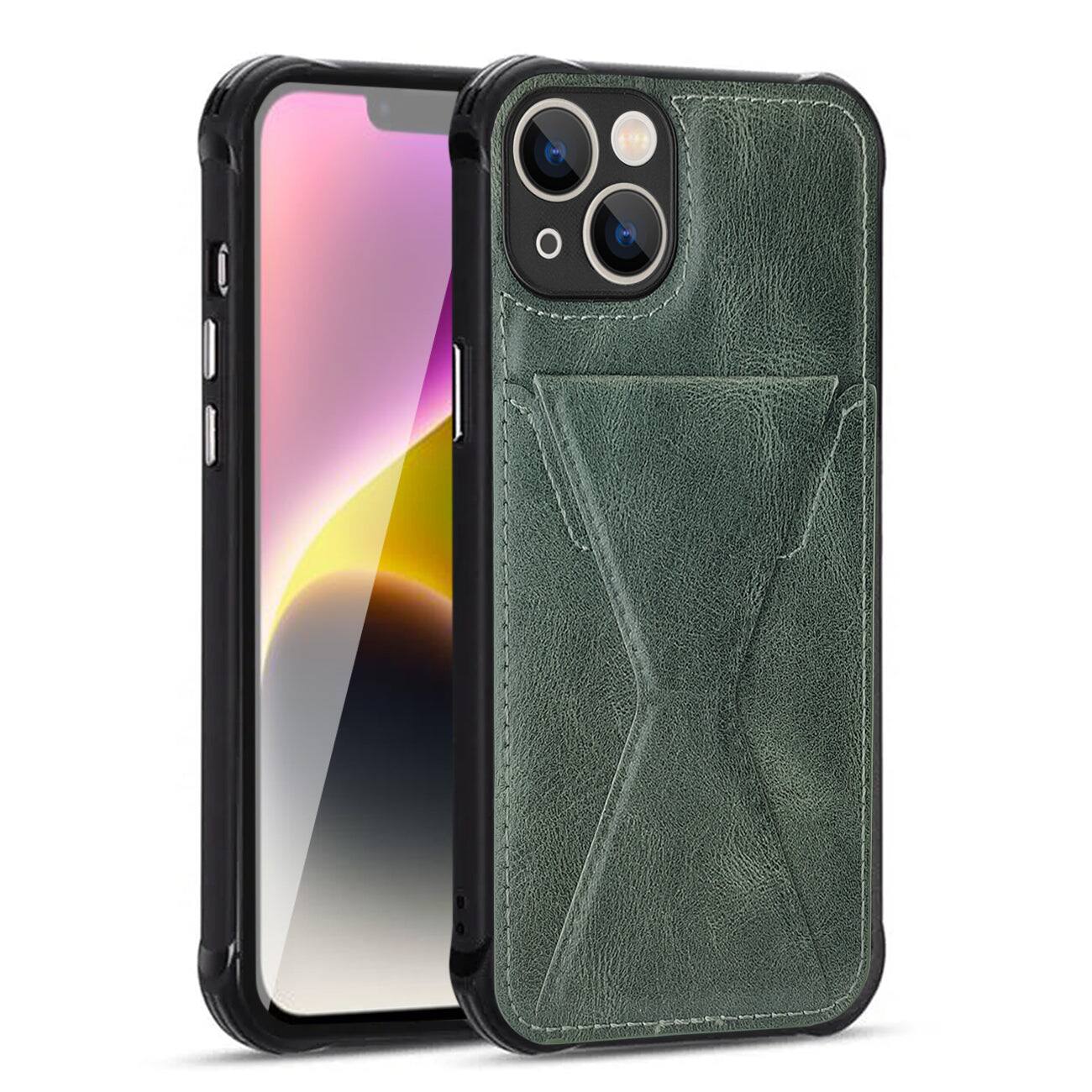 Front. Reiko - Tpu Leather Phone Case For Apple Iphone 14 With Card Holder Strap In Green - Green.