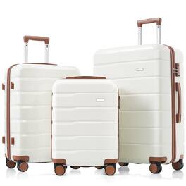 BreeBe - Premium 3-Piece ABS Travel Luggage Set 20/24/28 Inch with TSA Lock & 360° Spinner Wheels, Durable Suitcases - Beige+Brown