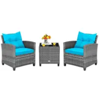 Costway 3 PCS Patio Rattan Furniture Bistro Set Cushioned Sofas Side Table Armrest - Turquoise + Mix Grey - Front_Zoom