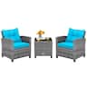 Costway - 3 PCS Patio Rattan Furniture Bistro Set Cushioned Sofas Side Table Armrest - Turquoise + Mix Grey