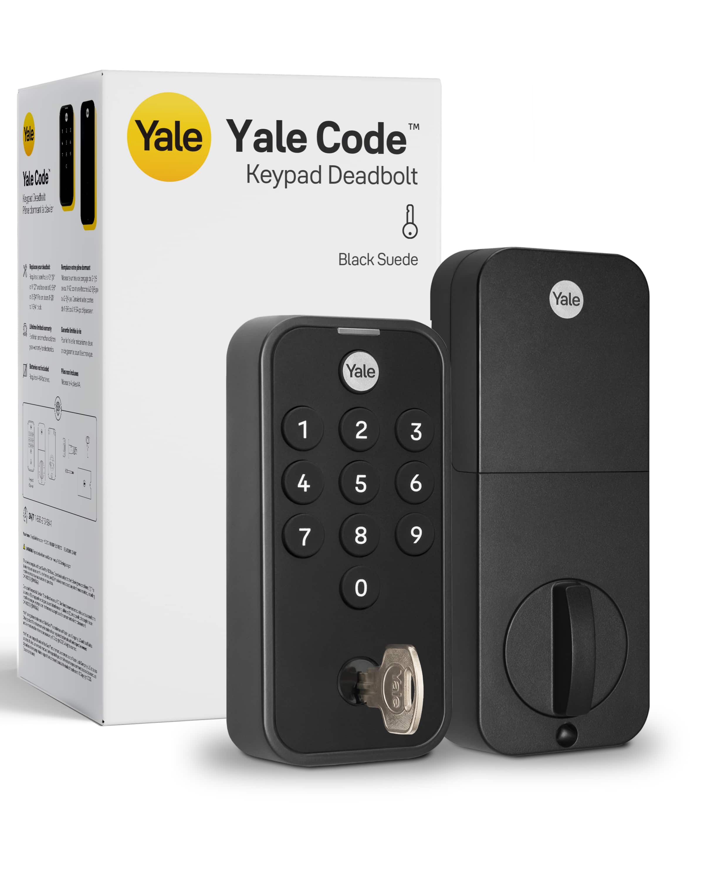 Yale Code™ Keypad Deadbolt  
Black Suede  

Yale Code™ Keypad Deadbolt  
Black Suede  

1  
2  
3  
4  
5  
6  
7  
8  
9  
0  

TM Yale Yale Code Keypad Deadbolt  
Inforade Replesservinginal spirated? knang 770 www.facebook.jp Store and WolScher  
Black Suede  
Yale  
Internations, Sandwintaure Portainek canter  
Interational Parminission - Naturated  
Yale