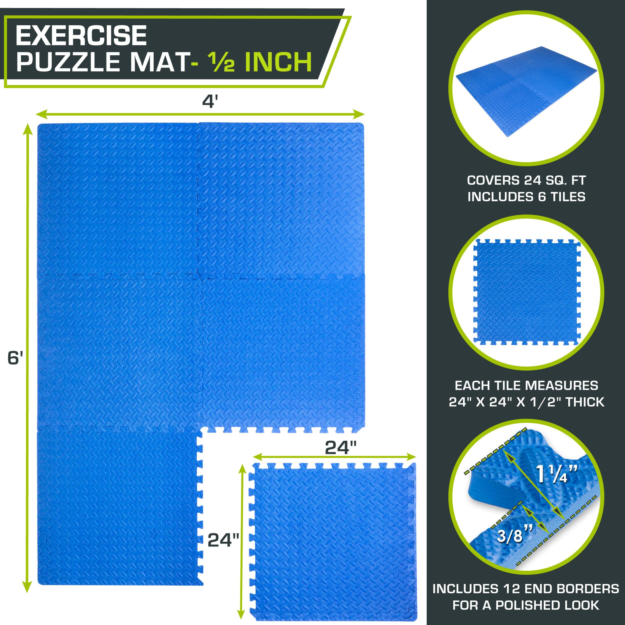 The corrected text is:

"Exercise Puzzle Mat - 1/2 Inch
4' x 6' Covers 24 Sq. Ft.
Includes 6 Tiles, Each Tile Measures 24" x 24" x 1/2" Thick
Includes 12 End Borders for a Polished Look"