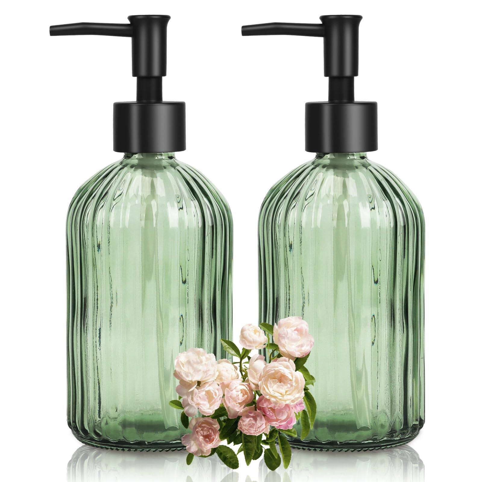 Dapper Styles - Glass Soap Dispenser With Pump Hand For Wash Lotion Dishwashing Liquid Shower Gel - Striped Green