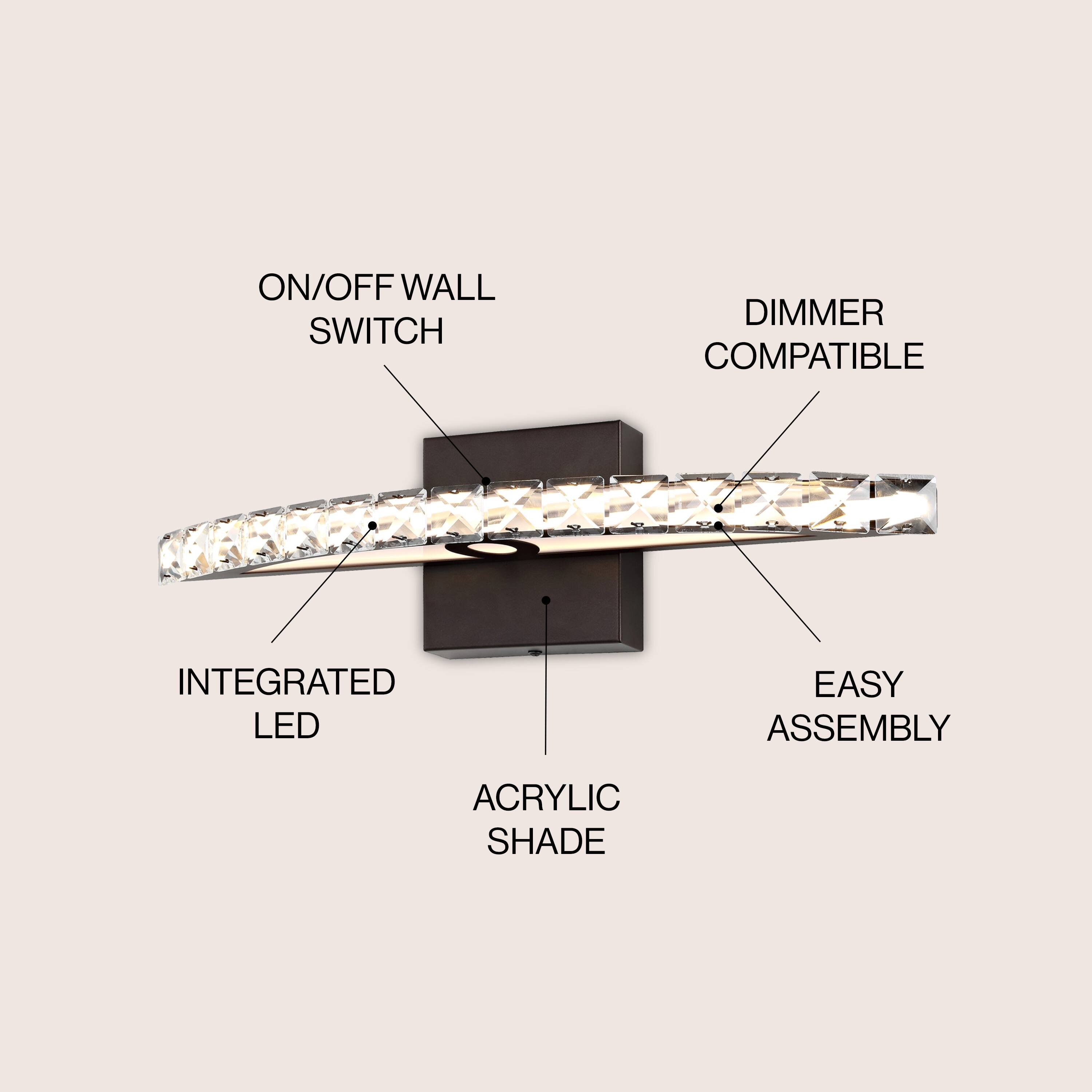 ON/OFF WALL SWITCH  
DIMMER COMPATIBLE  
INTEGRATED LED  
EASY ASSEMBLY  
ACRYLIC SHADE
