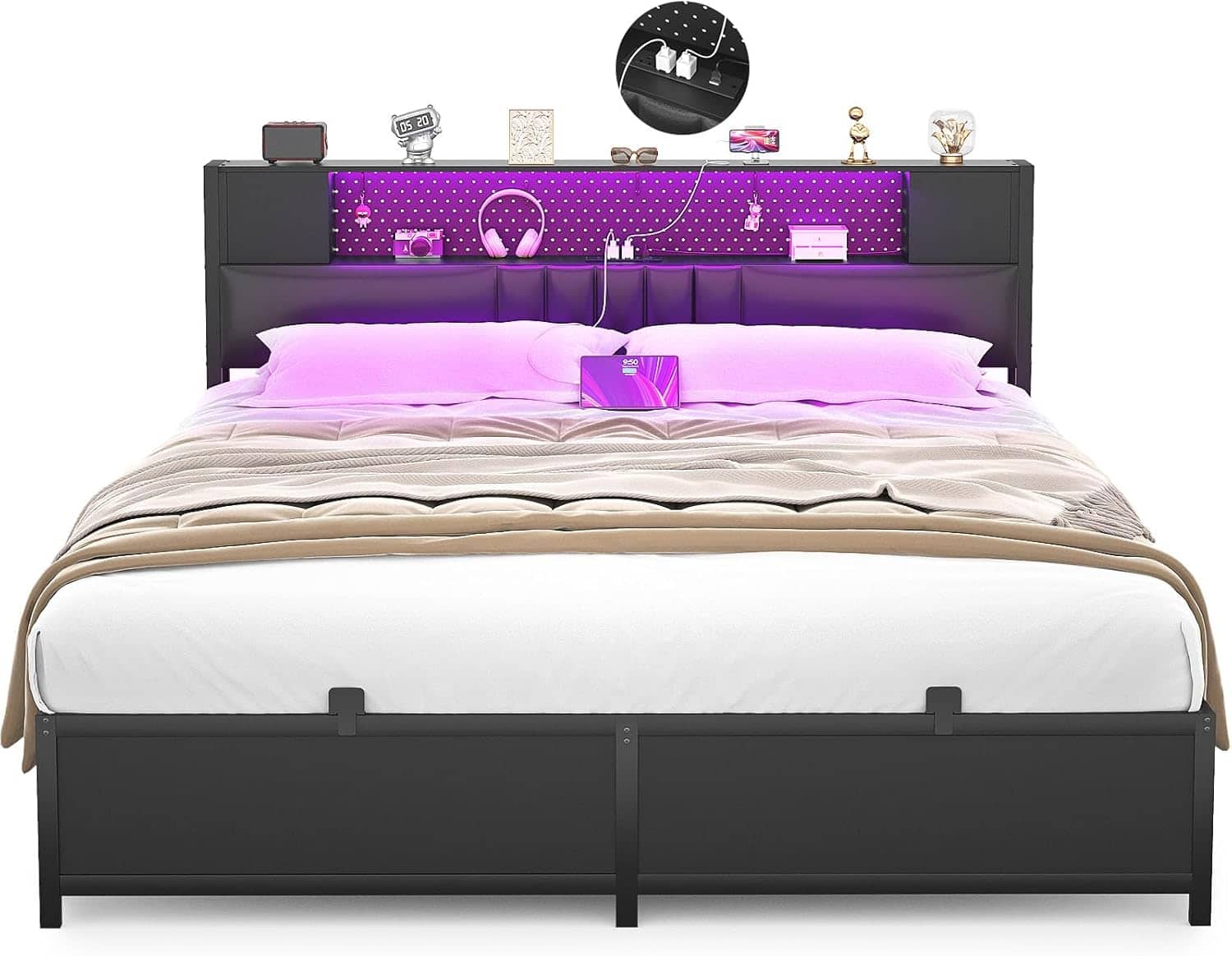 Aheaplus - Modern Bed Frame: Power Outlet & LED Lights, Headboard Storage, Quiet Support - Black