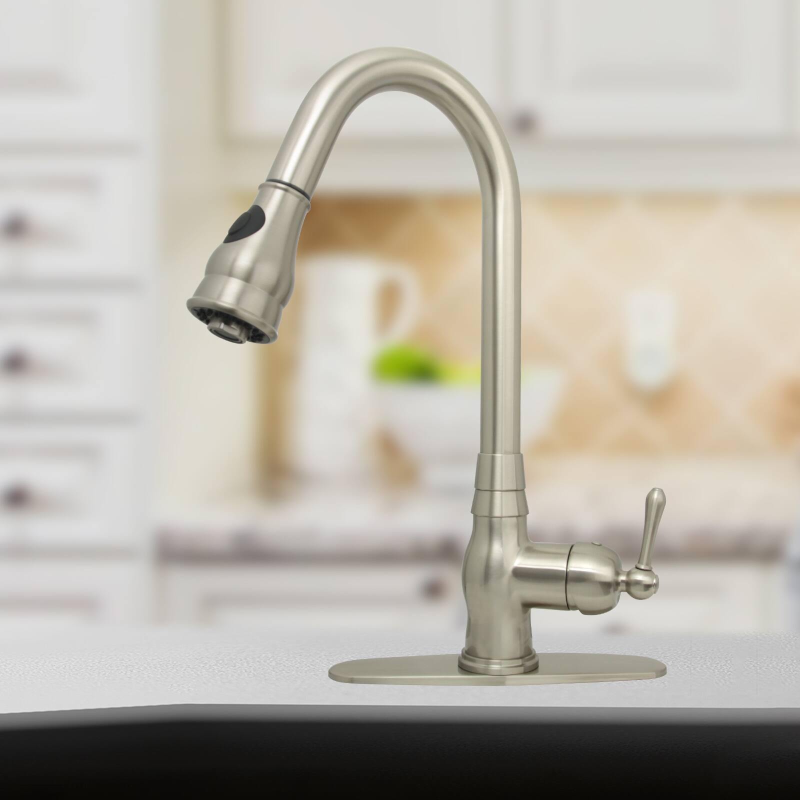 Alt View 7. Akicon - Akicon Solid Brass One-Handle Kitchen Faucet with Pull Down Sprayer in Brushed Nickel - Brushed Nickel.