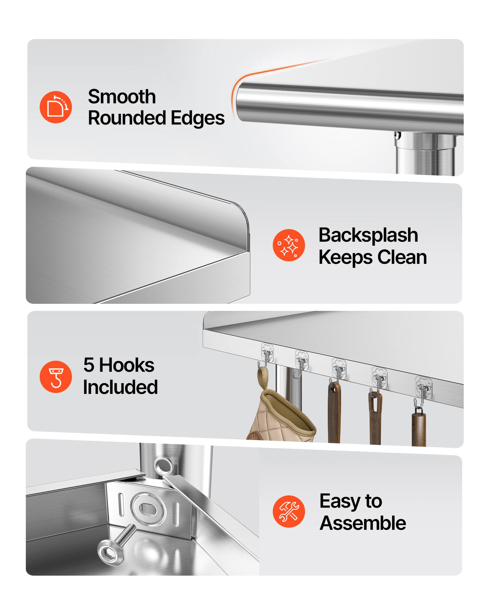 Smooth Rounded Edges  
Backsplash Keeps Clean  
5 Hooks Included  
Easy to Assemble