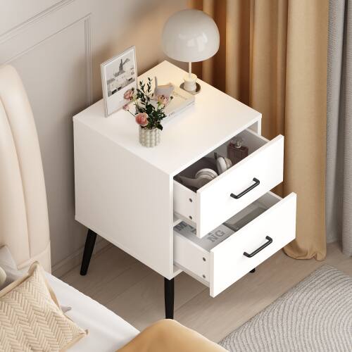 Left. LUCKY ONE - Assembled 2-Drawer Nightstand White Metal Legs Handles - White.