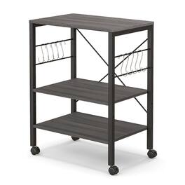 Kadyn - 3-Tier Kitchen Baker's Rack Microwave Oven Storage Cart with Hooks-Charcoal Brown, Storage Rack Microwave Oven Stand - Brown