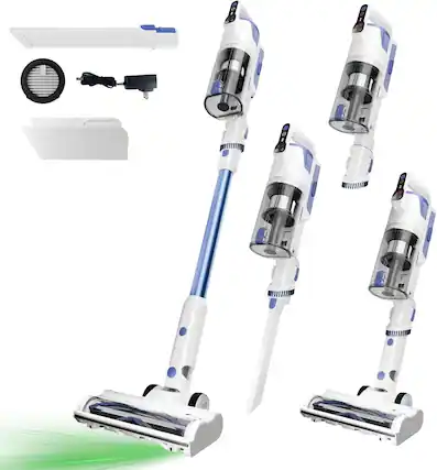 Front. WHALL - WHALL Cordless Stick Vacuum, Brushless Motor, LED Display, 2500mAh Battery, for Pet Hair, Carpet & Hard Floor - White and Blue.