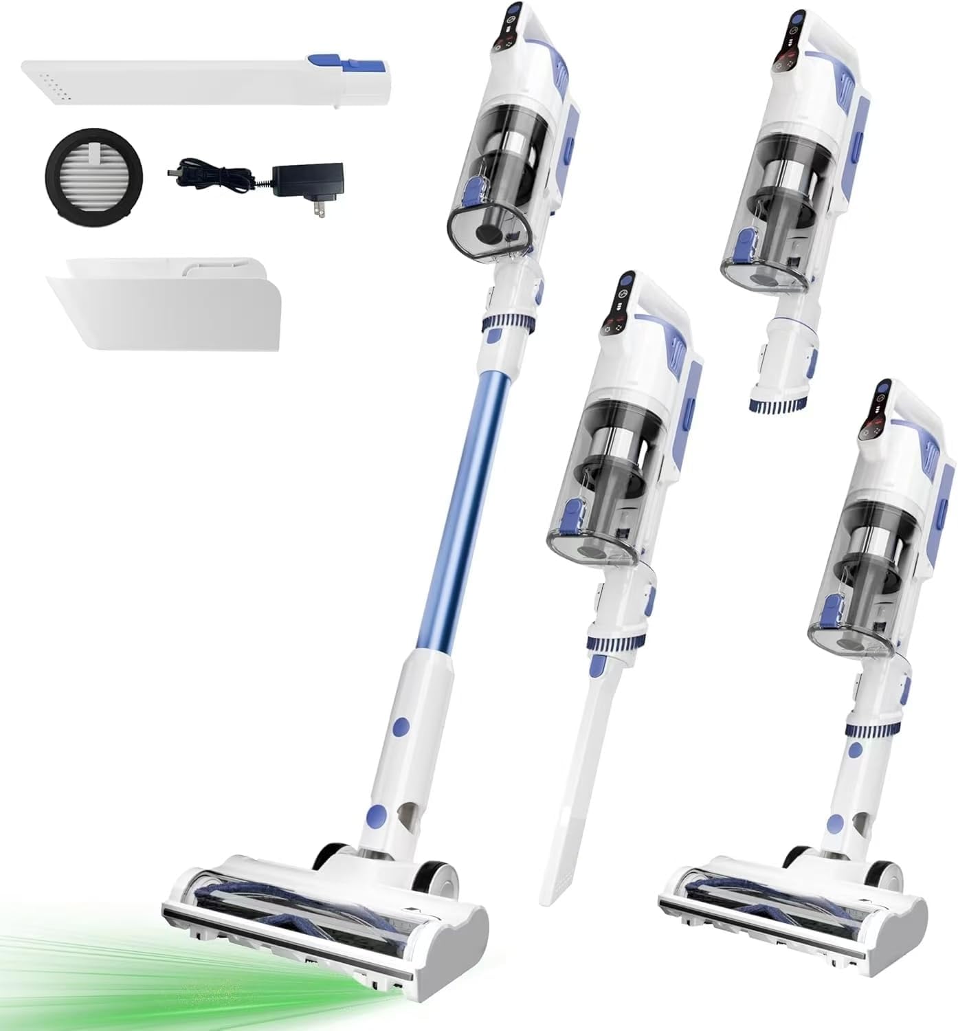 WHALL - Cordless Stick Vacuum, Brushless Motor, LED Display, 2500mAh Battery, for Pet Hair, Carpet & Hard Floor - White and Blue