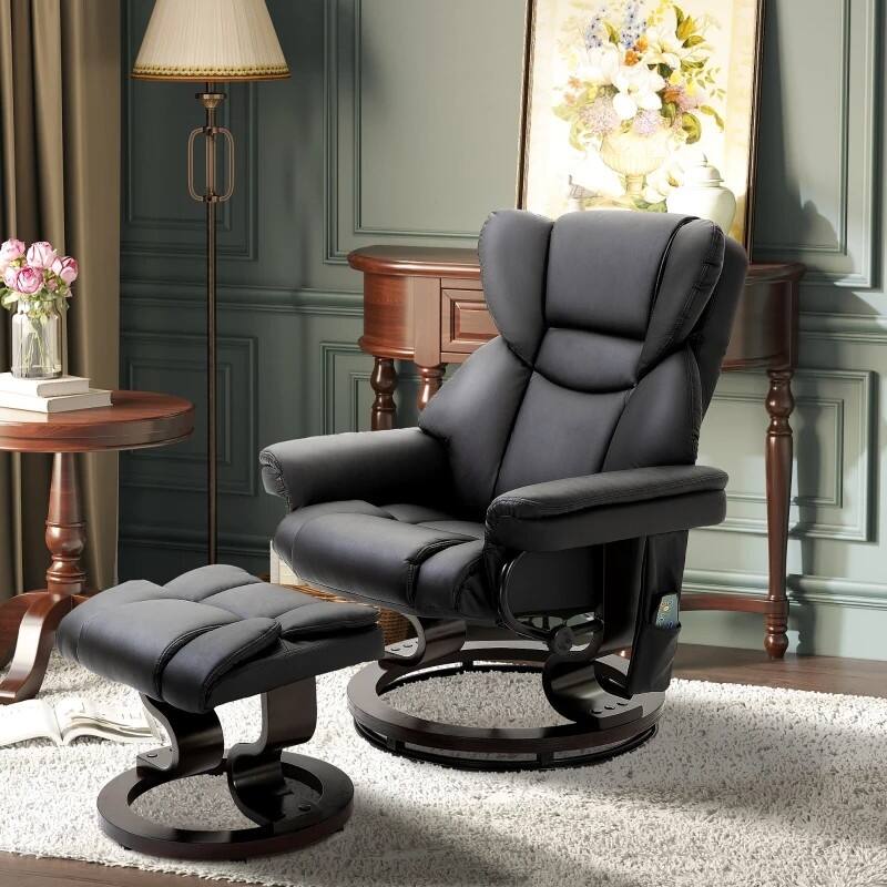 Back. Hivvago - Adjustable Faux Leather Remote Massage Recliner Chair w/ Ottoman - Black.